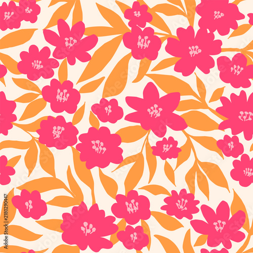 Pink Orange Floral Leaf Pattern with Stencil Style Shapes