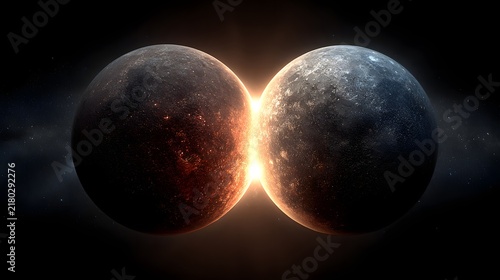 Two twin celestial planets touching with intense glowing energy light radiating at point of contact.