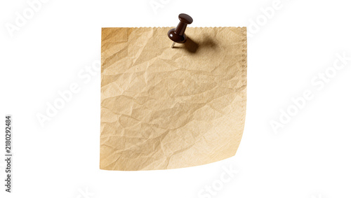 Obraz na plátně Brown crumpled paper note pinned with a dark brown thumbtack, isolated on transp