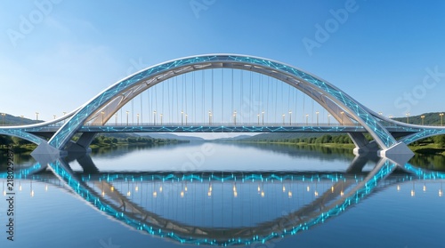 Symmetrical modern arch bridge reflecting over calm river water
