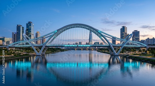 Illuminated modern arch bridge reflecting over water at twilight in Seoul, ideal for architecture sites, travel guides, urban planning decks, and headers.