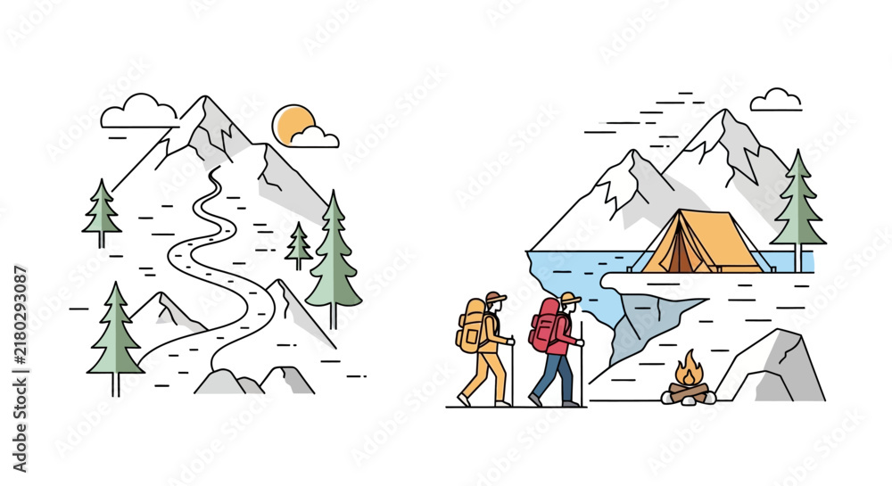 Naklejka premium Hikers walking to mountain campsite with tent illustration