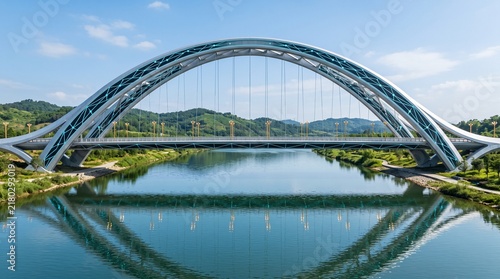 Modern arch bridge reflecting over calm river water