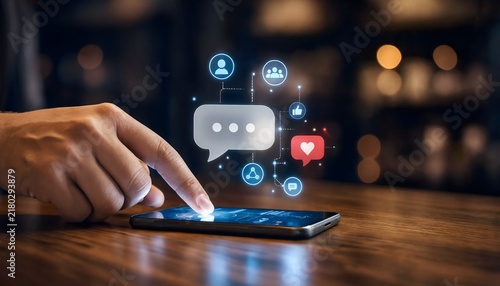 Digital Communication: A close-up shot shows a finger interacting with a smartphone, displaying a vibrant interface with social media icons and chat bubbles.