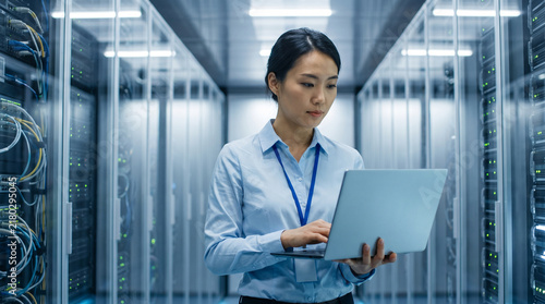 Female IT engineer working on laptop in server room, Asian database administrator managing cloud computing network infrastructure isolated on White Background