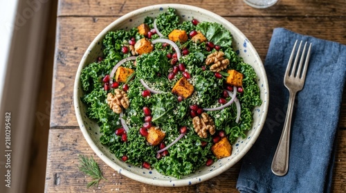 Fresh kale salad with roasted butternut squash and pomegranate seeds.