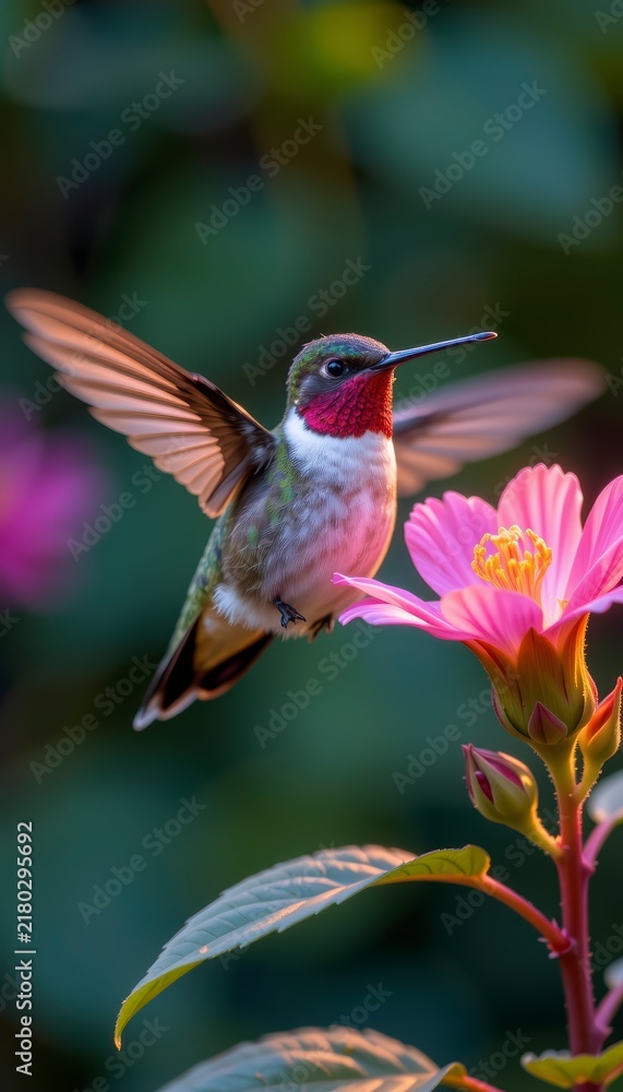 Fototapeta premium Hummingbird hovering near a pink flower