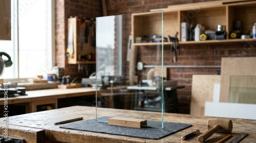 Glass Panel Mounted on Wood Block in Professional Woodworking Workshop.
