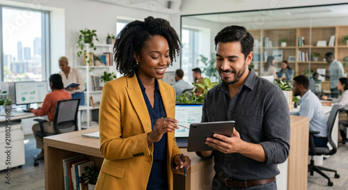 Diverse professional colleagues collaborating on a digital tablet in a modern open plan office.