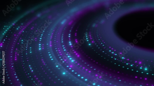 Abstract Neon Blue and Purple Particle Waves Forming Futuristic Digital Tunnel