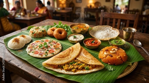 Traditional South Indian Vegetarian Breakfast Platter Served on Banana Leaf.