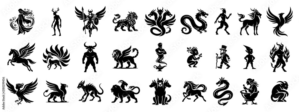 Fototapeta premium Mythical creatures and legendary monsters silhouette collection in stylized graphic style
