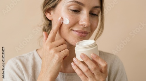 Young woman applying moisturizing cream to her face for skincare routine.