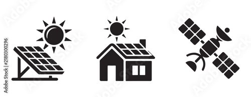 Foto Solar energy system with house panels sun power generator and orbital satellite vector icon pack