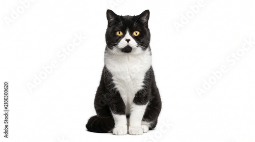 A stunning black and white cat sitting gracefully and looking directly into the camera lens