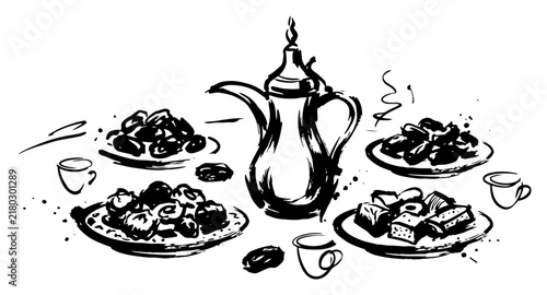 Fototapeta kuchenna Arabic coffee dallah with dates and traditional desserts in hand drawn ink sketch style