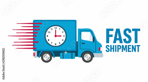 Quadro su tela Blue delivery truck with clock icon and 'Fast Shipment' text