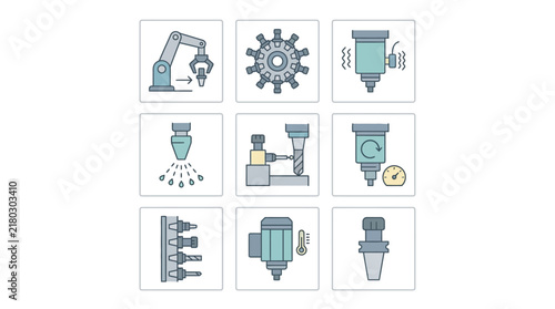 A specialized flat vector icon set illustrating tool carousel racks, spindle vibration probes, automatic tool changer arms, and coolant nozzles for CNC spindle monitoring, automated tool changers, and