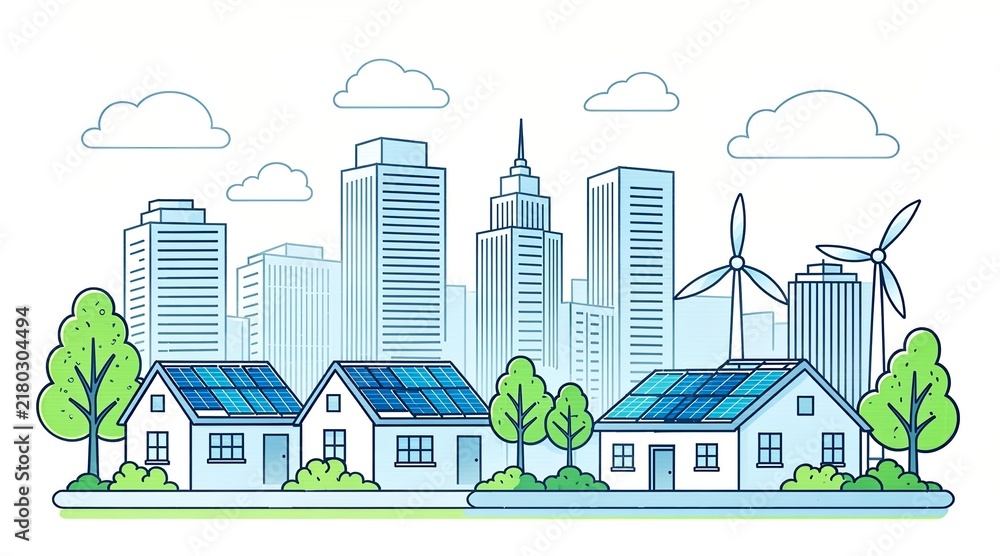Obraz premium Eco friendly city landscape with solar panels on houses and wind turbines