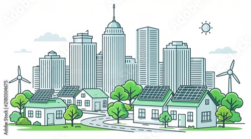Sustainable green city skyline illustration with solar panel houses and wind turbines