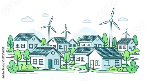 Sustainable Residential Neighborhood with Solar Roof Panels and Wind Turbines for Renewable Energy Concept