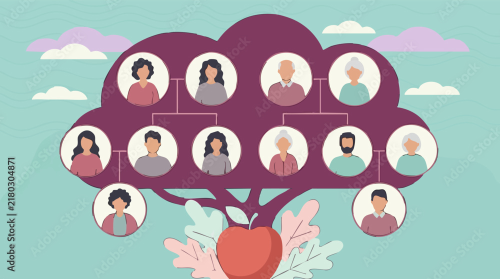 Fototapeta premium Generational Family Tree with Diverse People and Apple Illustration
