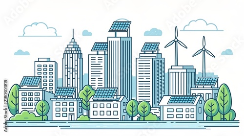 Green eco city skyline with solar panels, wind turbines, and modern sustainable architecture line art illustration