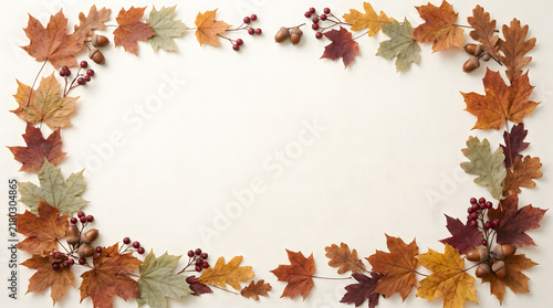 A festive autumn border made of colorful fallen leaves and small berries arranged on a plain white background surface