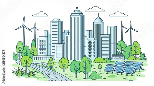 Eco friendly green city with solar panels and wind turbines line art illustration