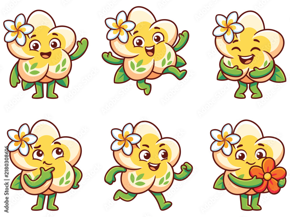 Obraz premium Cute Yellow Flower Character Collection with Various Happy Expressions and Poses for Children's Illustration and Mascot Design