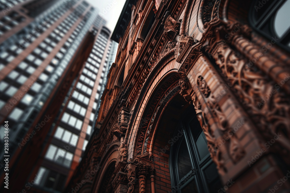 Fototapeta premium Historic Brick Building Corner with Ornate Cornice Detail Against Blurred Modern Skyscraper in Foggy City