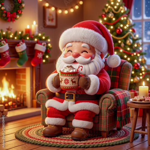 Cute Santa Claus sitting in armchair drinking hot chocolate near Christmas fireplace