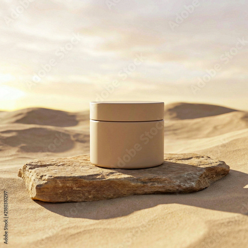 Minimalist cosmetic cream jar placed on a natural rock in a serene desert landscape during golden hour