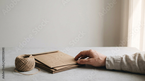 A hand reaches for a stack of kraft paper envelopes, with a spool of twine resting nearby, suggesting a moment of preparation or crafting.