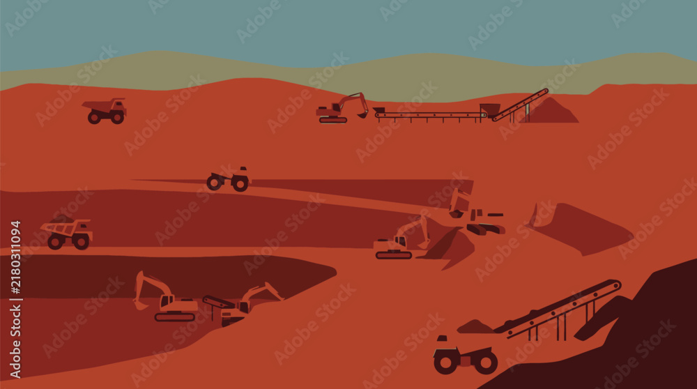 Fototapeta premium Open pit mine with excavators trucks mining excavator truck conveyor
