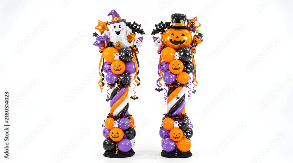 Naklejka premium Two halloween balloon columns with ghost and pumpkin toppers isolated on white background