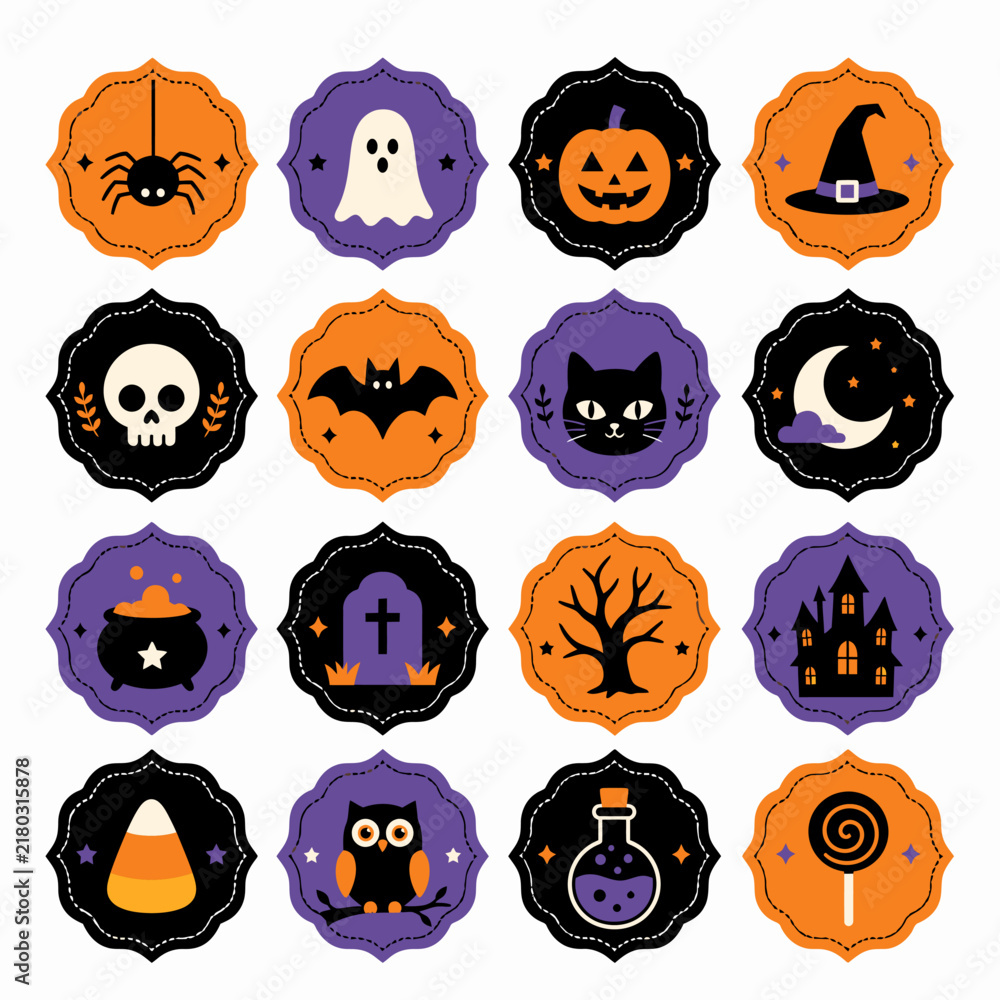 Fototapeta premium A collection of colorful Halloween themed icons arranged in a grid on a white background.