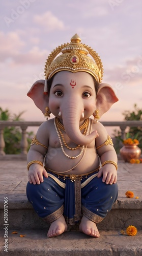 Baby Ganesha: Serene Hindu Deity Adorned with Gold Jewelry and Blue Dhoti Sitting on Stone Steps