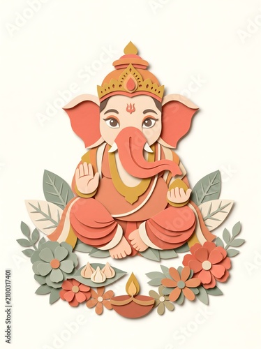 Serene Paper Cut Lord Ganesha Illustration with Diya, Modak, and Floral Elements for Hindu Festivals