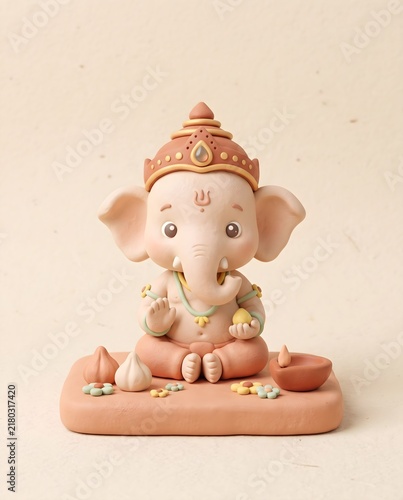 Adorable Ganesha 3D Clay Art Illustration with Modak and Diya, a Symbol of Wisdom, Prosperity, and Good Fortune for Hindu Festivals