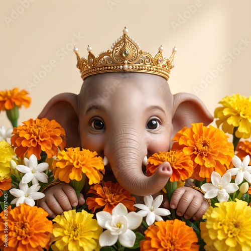 Adorable Baby Elephant Ganesha with Golden Crown Surrounded by Vibrant Marigold and Jasmine Flowers for Indian Festivals