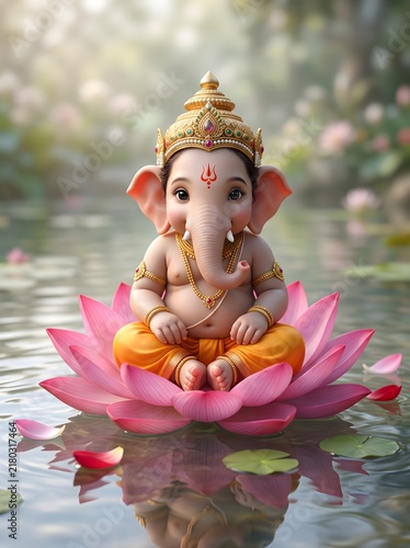 Adorable Baby Ganesha Meditating on a Pink Lotus in Serene Water, Symbolizing Peace and Prosperity