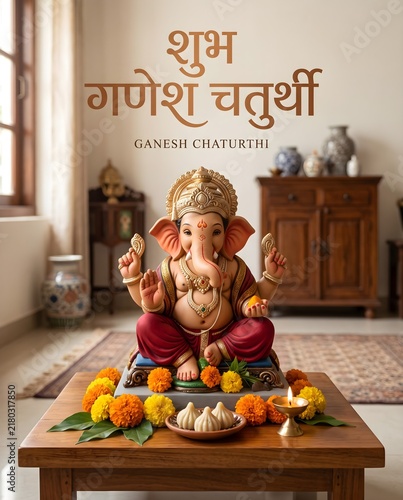 Ganesh Chaturthi celebration featuring a beautiful Ganesha idol, modak sweets, marigold flowers, and a glowing diya