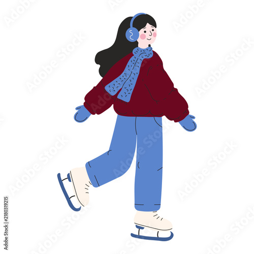 Young girl ice skating wearing a burgundy sweater and blue scarf isolated on white background. Outdoor winter activity for cards and web designs.