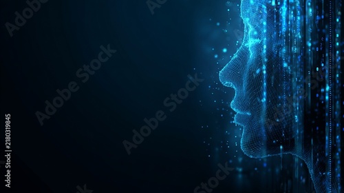 Abstract digital human profile constructed from flowing blue data streams, symbolizing future technology and innovation concept