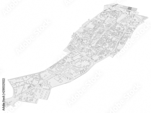 Bild auf Leinwand Diagonal perspective 3d rendering of Debrecen Hungary city map 3D model illustrating urban development blocks roads and architectural district layout isolated on white