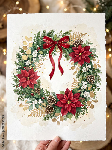 Watercolor Christmas wreath illustration with red poinsettia flowers and pine cones.