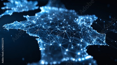 France’s outline glows with interconnected glowing nodes, representing digital network, innovation, and global connectivity concept