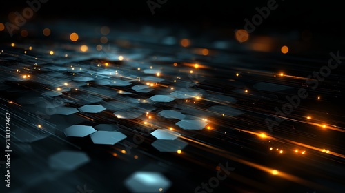 Abstract glowing hexagons forming a network with warm light, representing technology and digital connectivity, concept for innovation