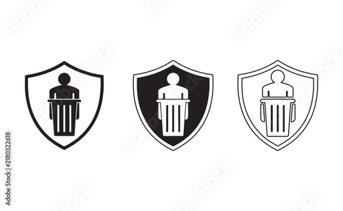 Person silhouette icon with podium in shield badge isolated on white background